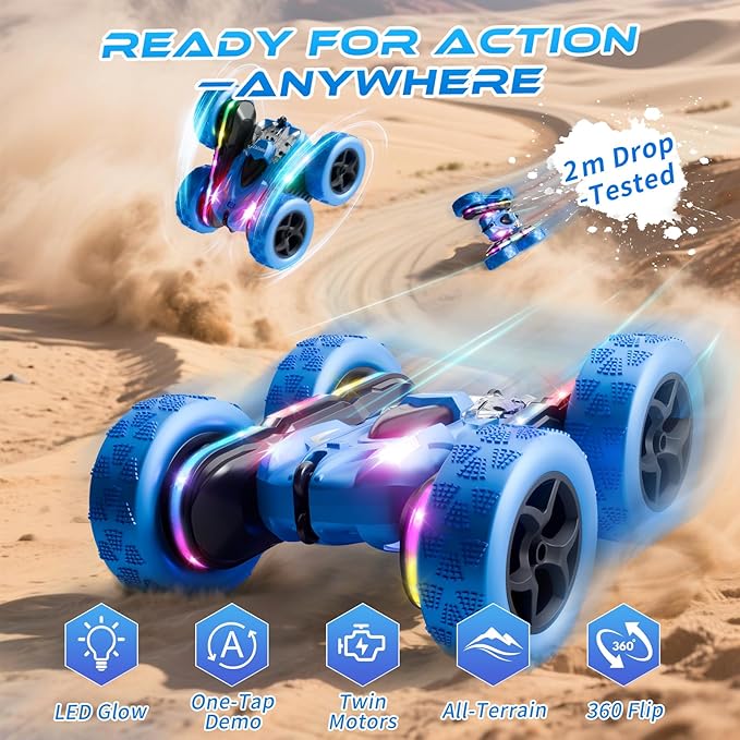 Remote Control Stunt Car 4WD 360° Flip Double‑Sided RC Cars, LED Light Bar, USB‑C Modular Battery, 2.4 GHz Outdoor Beach Toy for Boys 6‑12 Years Old, Birthday & Christmas Kids Gift, Blue