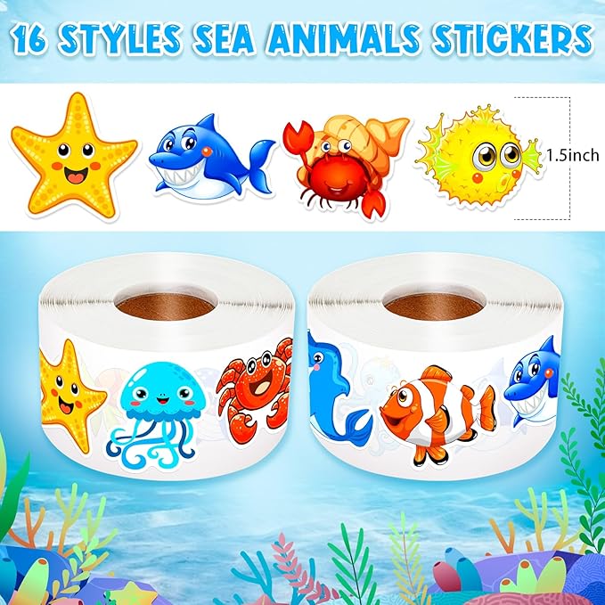 1200 Pcs Ocean Animal Stickers Roll Sea Animal Stickers for Kids Cute Roll Sticker Cartoon Fish Sticker Deals Sea Creature Labels for Teacher Reward School Supplies Incentives (16 Styles)