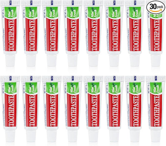 30 Tubes Travel Size Toothpaste in Bulk, Disposable Mini Mint Compact Small Pocket Size Essential Toothpaste for Vacation Hotel Shelter Homeless Nursing Home Charity Camping Single Use 0.17 oz/ 5g