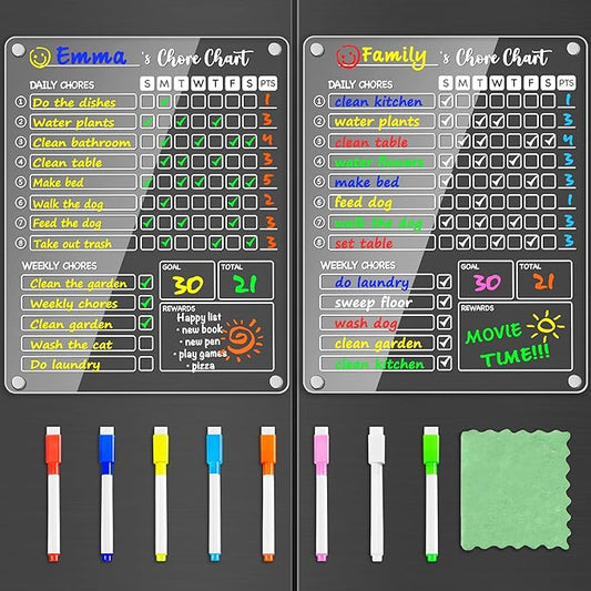 PigPotParty Acrylic Magnetic Chore Chart for Kids on Fridge – 2 Pack 9.5"x12" Weekly Dry Erase Chore Board with 8 Fine Tip Colorful Markers and 1 Towel – for Multiple Kids, Teens and Family