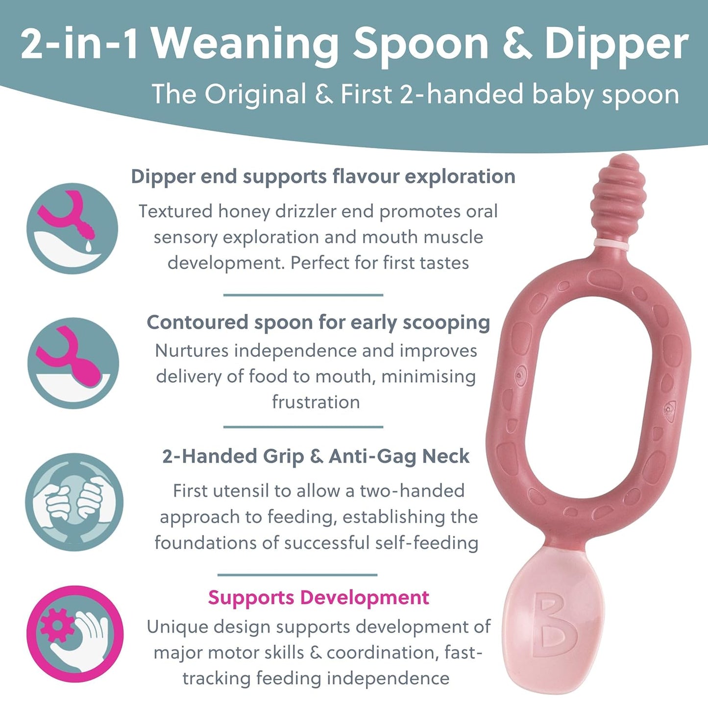 Bibado - Dippit Baby Spoon and Dipper, Blush (2-Pack) - Soft, Chewable Dipper & Deep Spoon - Two-Hand, Sensory Grip - Toddler Utensils - Baby Led Weaning Supplies - Baby Essentials - 6 Months+