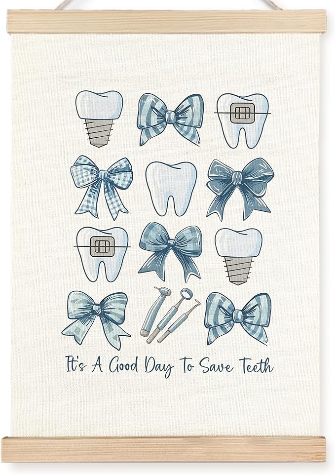 FDHSPAAM Blue Dental Wall Art Decor, Dental Office Decor, Dentist Gifts for Women, Coquette Bow Teeth Dental Assistant Wall Decor Posters for Hospital Doctor Office, 12x16 Inch