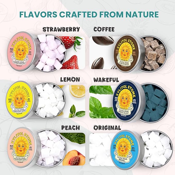 Xylitol Stone Sugar Free Candy - Vegan & Keto Friendly Unique Hard Candy - 100% Natural Flavor Candies - Gluten Free & Non-GMO Breath Freshener Low Calorie Mints - Pack of 6 Variety Pack
