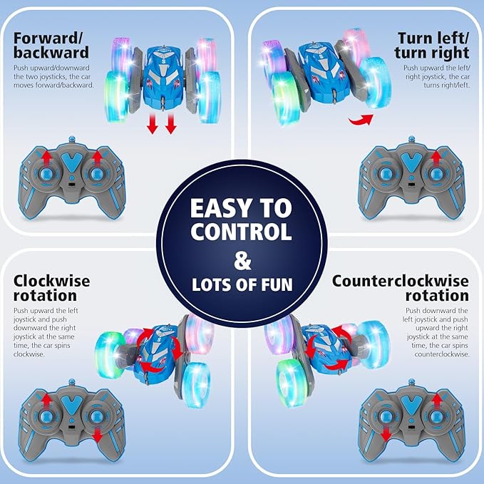 Remote Control Car for Boys 6-12 with Flashing Light, 6 7 8 9 Years Old Boy Toys, RC Cars Stunt 4WD Double Sided 360 Flip, Boy Gift Idea for Kids Birthday Present Christmas Indoor Outdoor Blue