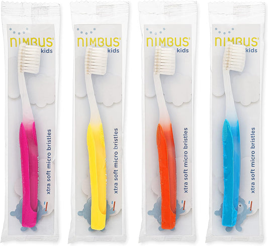 NIMBUS NIMBY Kid's Extra Soft Toothbrushes for Sensitive Teeth and Receding Gums, Periodontist Design Plaque Remover Travel Toothbrush, Individually Wrapped (4 Pack, Colors May Vary)