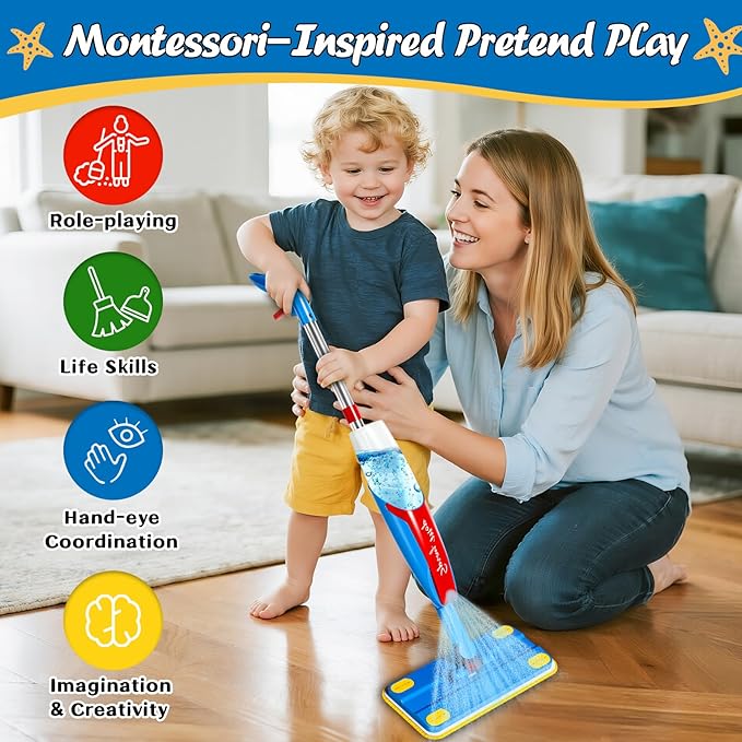 Kids Cleaning Toy Set - Toddler Cleaning Set with Real Working Kids Spray Mop, Microfiber Pads, Cloth & Scraper | Role Play Educational Toys for Boys Girls, Montessori Toddler Toys Gifts