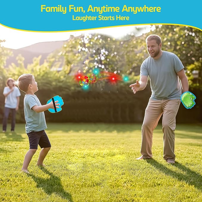 punkdog LED Toss and Catch Ball Game Set - 1 LED and 1 Regular Suction Cup Ball with 2 Easy-Grip Gloves - Beach Sports Toys for Kids - Outdoor Games for Backyard or Park - Christmas for Kids