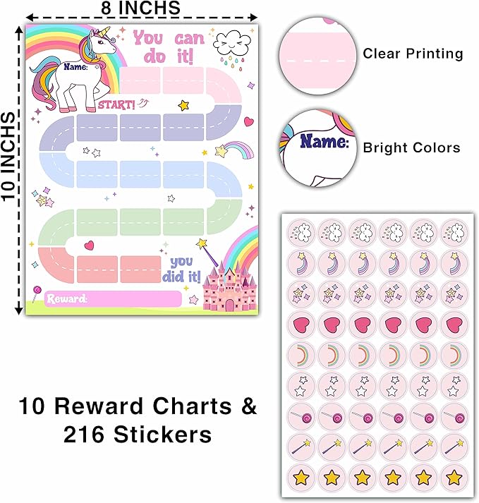 10 Unicorn Reward Chart with 216 Round Stickers, Incentive Behavior Chart for Kids at Home Classroom, Kids Routine Daily Chore Sticker Chart-A20