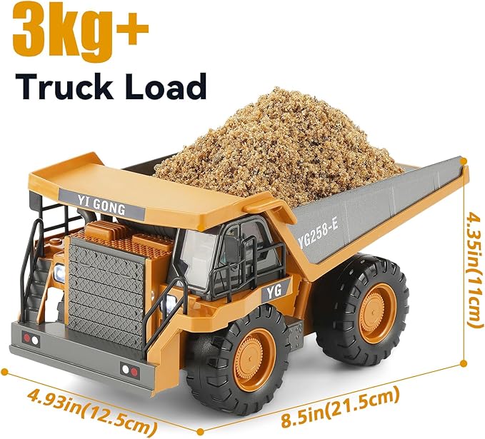 Remote Control Dump Truck, RC Construction Vehicle for Kids with 9 Channel Metal Bed Light Sound & Rechargeable Battery, Electric Transport Garbage Truck Toy for Toddlers Boys Girls Age 6+