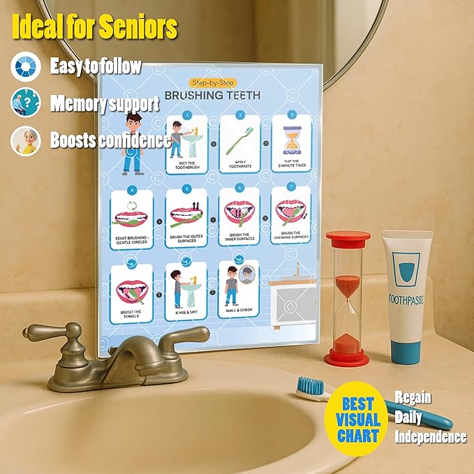 Brushing Teeth with Timer Chart Step by Step Laminated 9x12 Inch for Children Self Care Visual Chart Ideal for Special Needs and Autism (Brushing Teeth Chart with Sandtimer - English)