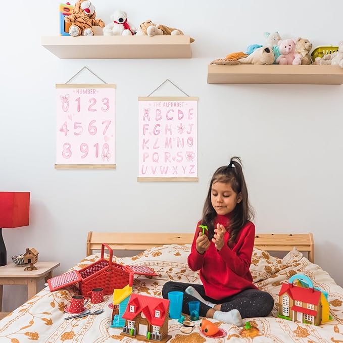 Pink Numbers 0-10 Alphabet Baby Learning Poster Wall Art Decor, Girl Nursery Decor, Coquette Pink Bow Learning Wall Decor Posters for Toddler Baby Girls Kids Room Playroom Homeschool, 12x16 Inch Set of 2