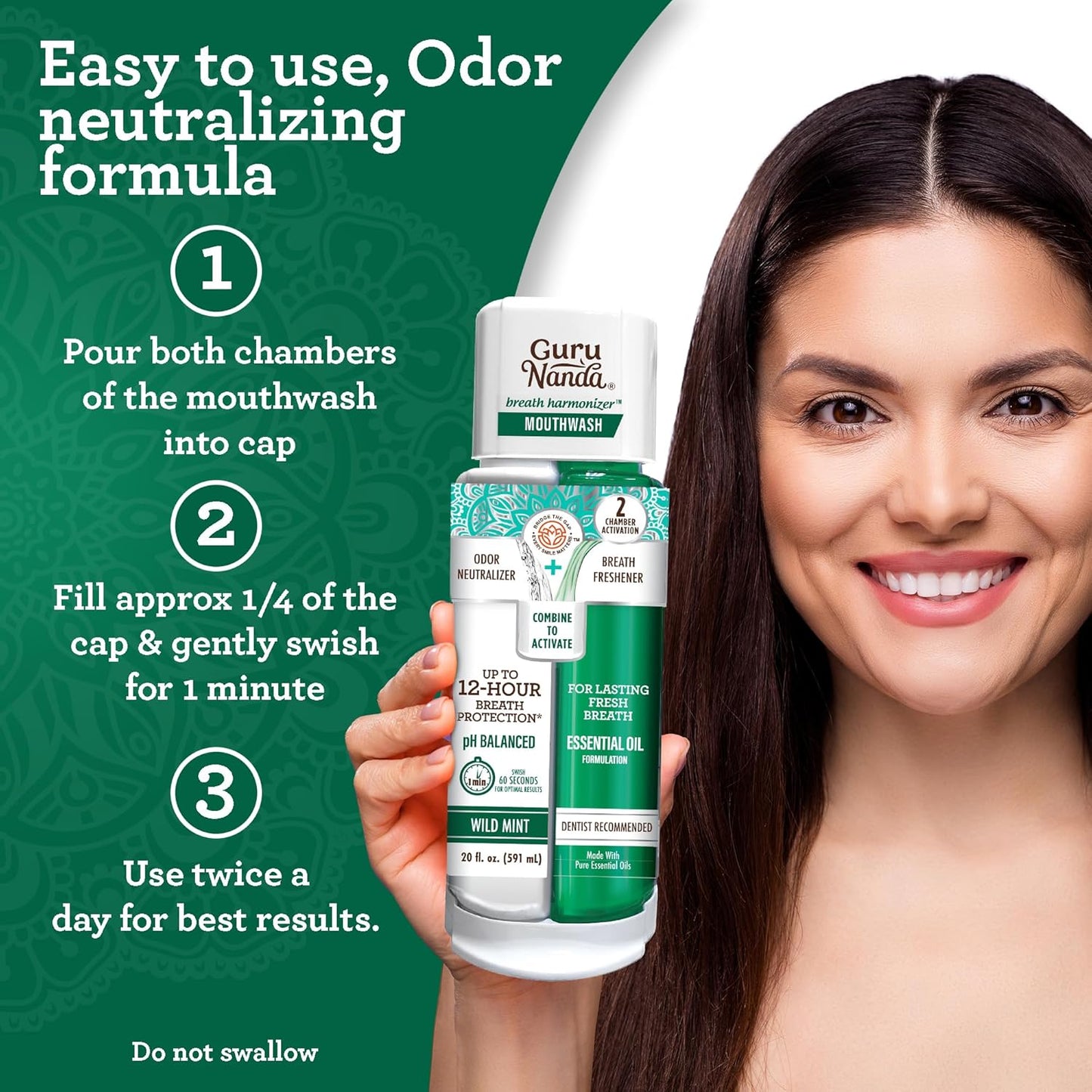 GuruNanda Dual Barrel Breath Harmonizer Mouthwash - Freshens Breath - Alcohol & Fluoride Free with Sodium Chlorite & Essential Oils - Wild Mint Flavor, 20 Fl Oz