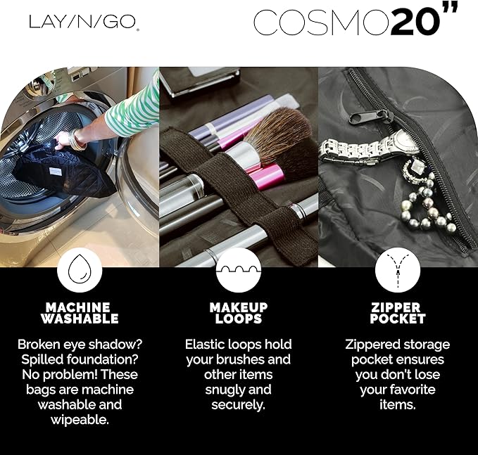 Lay-n-Go Cosmo Layflat Drawstring Cosmetic & Makeup Bag Organizer - Portable Drawstring Bag w/Zipper Pocket, Makeup Loops & More - Durable, Machine Washable Toiletry Bag for Travel (20", Black)