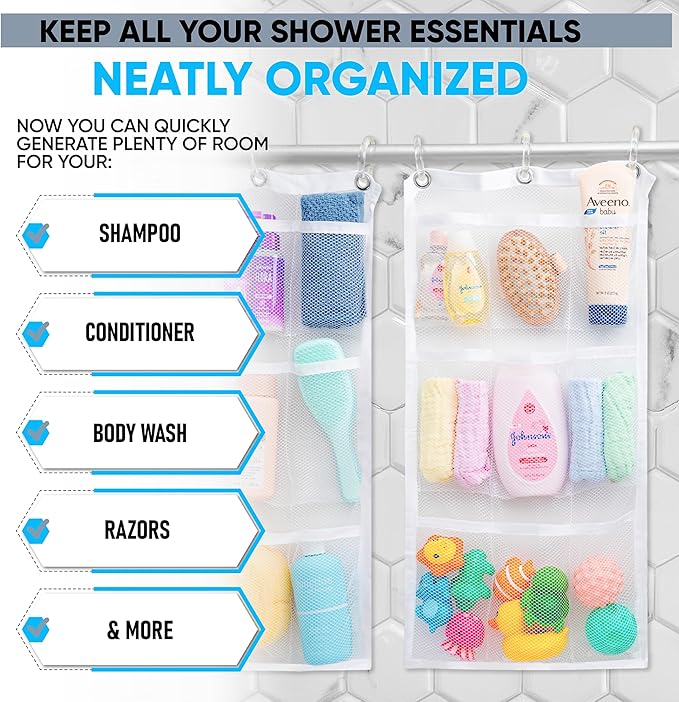 Handy Laundry Hanging Shower Organizer (2-Pack) - 9-Pocket - Mesh Caddy with Deep Storage Pockets for Organizing Bathroom Toiletries and Kids Bath Toys - Hang on Existing Shower Curtain Rings