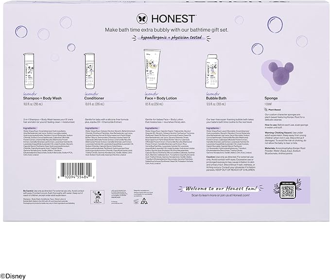 The Honest Company Calm Lavender Bathtime Gift Set and Disney Design Hypoallergenic Bath for Sensitive Baby Skin Shampoo Body Wash Face Lotion Bubble Conditioner Sponge