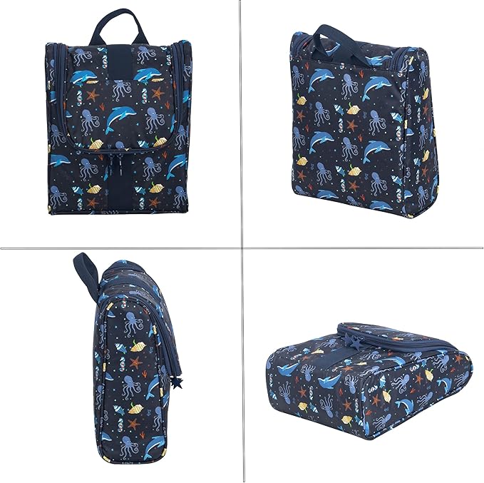 Cute Cartoon Hanging Kids Toiletry Bag Children Travel Cosmetic Makeup Organizer Wash Bag Shower bag Over Night Bag Camping Shaving Kit Bag for Boys & Girls (Sea World)