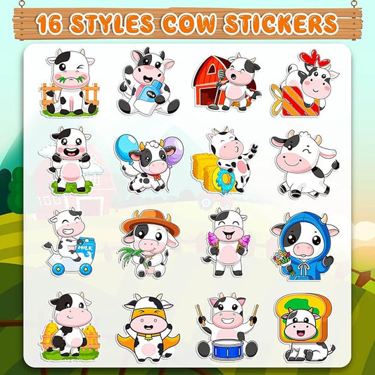1200 Pcs Cute Cows Stickers for Kids 2 Roll Water Bottle Farm Stickers 2 Roll Sticker for Teacher Reward School Supplies Incentives Cow Party Favors (16 Styles)