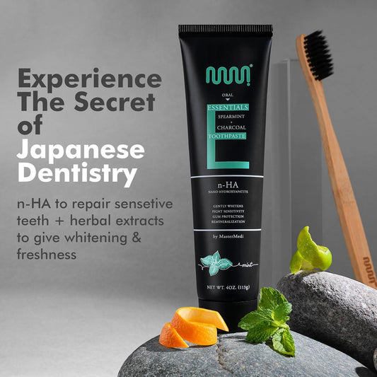 MasterMedi Nano Hydroxyapatite Toothpaste (Inspired by 10% nHA Formulas), Fluoride-Free, Charcoal Whitening, Sensitive Teeth Care, Enamel Support, SLS-Free, Xylitol, Citrus Mint, 4 Oz (Pack of 1)