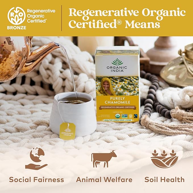 Organic India Purely Chamomile Tea- Regenerative Organic Chamomile Flowers, Caffeine Free, Calming & Relaxing Herbal Tea, Natural Support for Sleep & Relaxation- 18 Tea Bags, Pack of 6