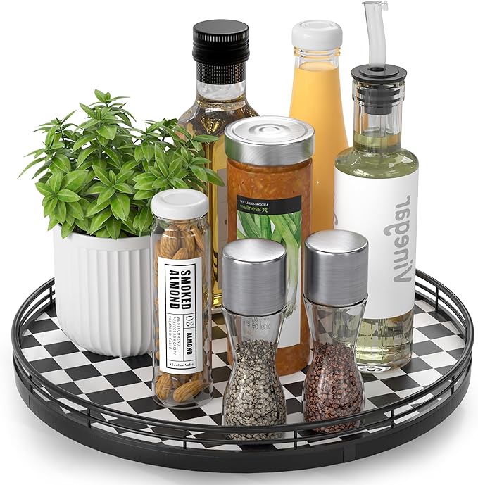 Black and White Kitchen Lazy Susan Turntable – Round Checkered Decorative Tray, 12” Table Top Oak Wood Lazy Susan for Cookies, Dining Table Organizer, Small Kitchen Table Centerpiece