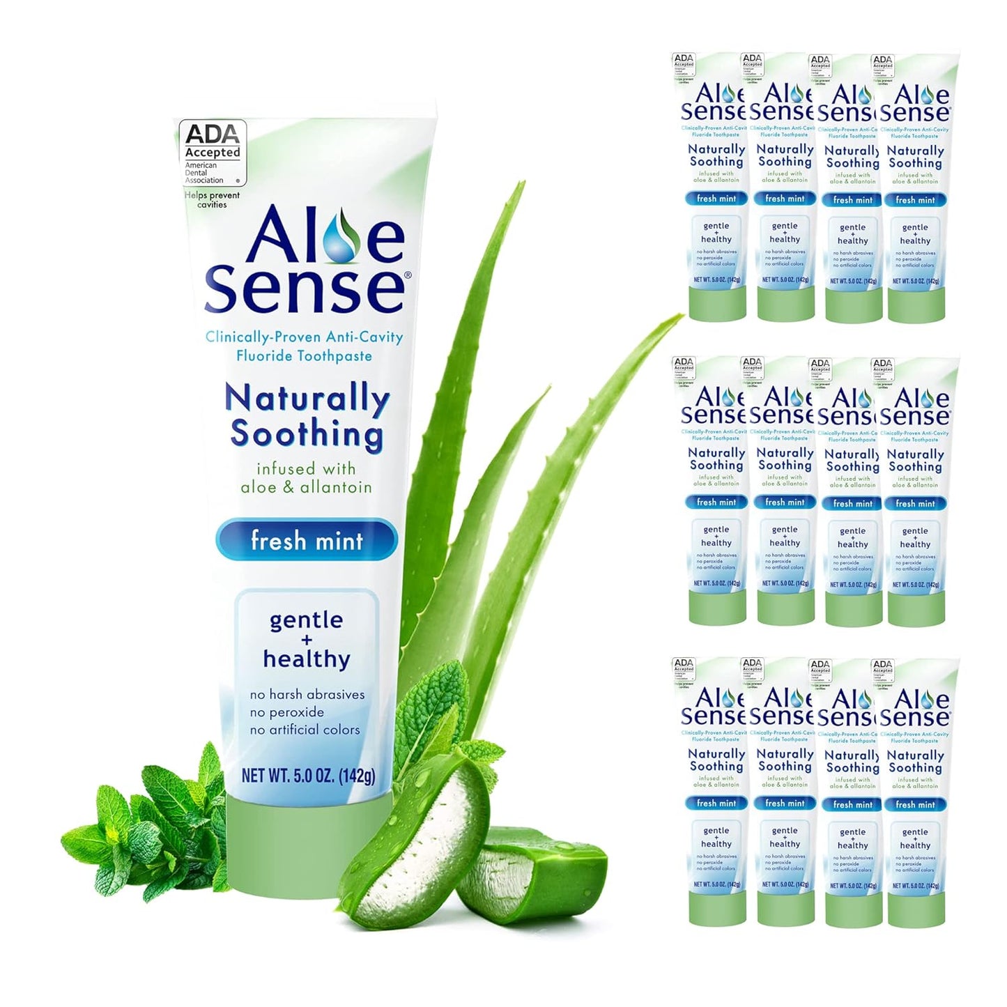Naturally Soothing Toothpaste for Sensitive Teeth and Gum Care with Aloe Vera, Allantoin & Fresh Mint Flavor, Gentle & Natural, ADA Approved (5-oz, 12 Count)