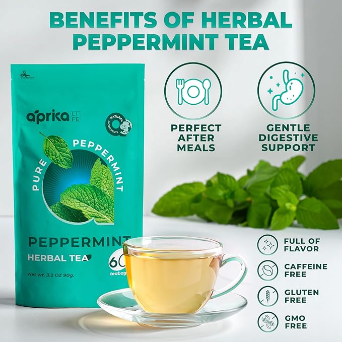 100% Pure Peppermint Tea - Only Mint Leaves without Stems, Peppermint Tea Bags, Caffeine-Free Tea Bags, 60 count, by Aprika Life
