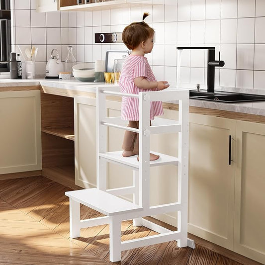 Kitchen Step Stool for Toddlers, [Thicker Tube Upgraded] Anti-Tip Toddler Tower with Safety Rail, Height Adjustable Helper for Kids, Learning Tower, Kids' Desk White Bigger