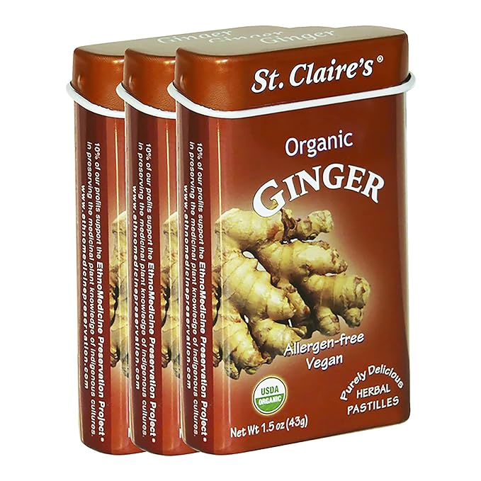 St. Claire's Organic Herbal Pastilles, (Ginger, 1.5 Ounce Tin, Bundle of 3) | Gluten-Free, Vegan, GMO-Free, Plant-based, Allergen-Free | Made in our Allergen-Free facility