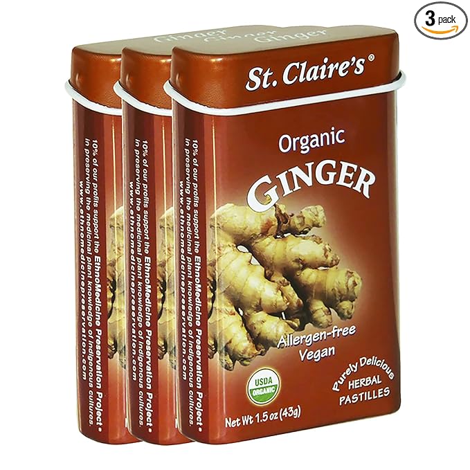 St. Claire's Organic Herbal Pastilles, (Ginger, 1.5 Ounce Tin, Bundle of 3) | Gluten-Free, Vegan, GMO-Free, Plant-based, Allergen-Free | Made in our Allergen-Free facility