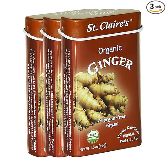 St. Claire's Organic Herbal Pastilles, (Ginger, 1.5 Ounce Tin, Bundle of 3) | Gluten-Free, Vegan, GMO-Free, Plant-based, Allergen-Free | Made in our Allergen-Free facility