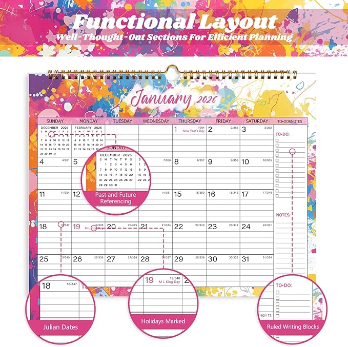 2026 Calendar 12 Month Wall Calendar 2026, Jan to Dec 2026 Calendar with Julian Dates, 14.8" X 11.5" (2026 Wall Calendar Colorful)