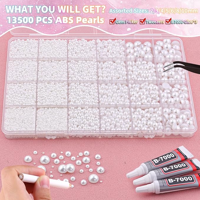 13500Pcs Flatback Pearls for Bedazzling (White) with 3Pcs B7000 Jewelry Glue, Assorted Size 2/3/4/5/6/8/10mm Half Pearl, Bedazzling Gems for Crafting Clothing Tumbler Shoes Embellishment Nail Art