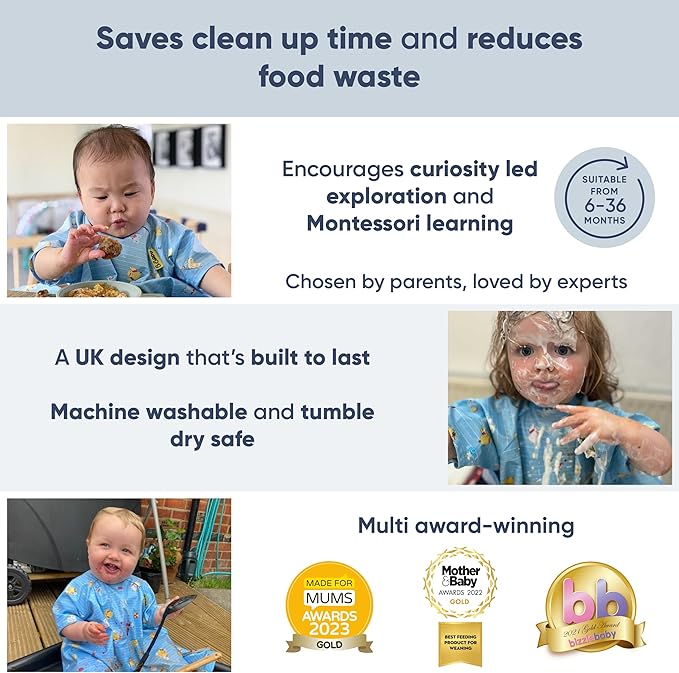 BIBaDO - Long Sleeve Baby Bibs - Babies & Toddlers 6-36 Months - Coverall Baby Led Weaning Bib - Easy Wipe, Soft & Waterproof