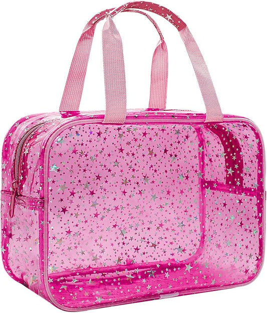 Clear Red Star Large Makeup Bag with Star Pattern 12x5x8 inch, Travel Cosmetic Bag with Handle, Durable PVC Material Washbag Zipper Opening Design for Makeup Travel Organizer or Gym Use