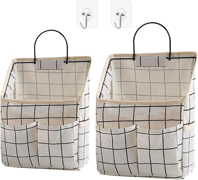 2 Pack Wall Hanging Storage Bags, Organizer with Pockets, Storage for Dormitory Bathroom Bedroom Kitchen (White Grid)