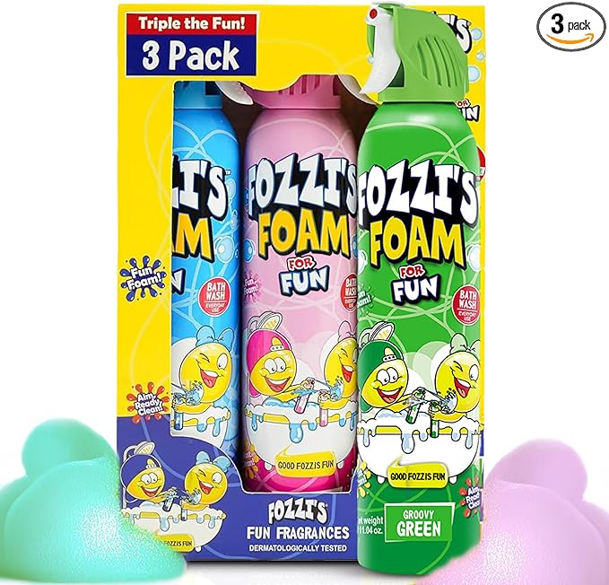 FOZZI’S Mixed Bath Foam Soap for Kids (3 Pack) - Fun Aerosol Spray - Squishy Bubble Soap for Playtime - Gentle Cleanser Foaming Body Wash - Safe Bath Fun for Everyday Wash