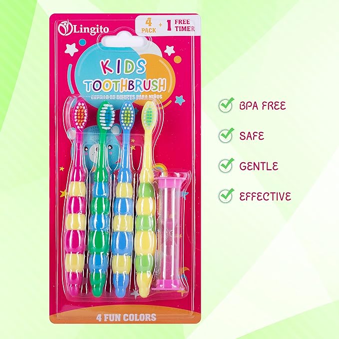 Kids Toddler Toothbrush Pack - Soft Toothbrush for Tiny Hands Boys & Girls (2-4 Years) - 4 Pack With Timer