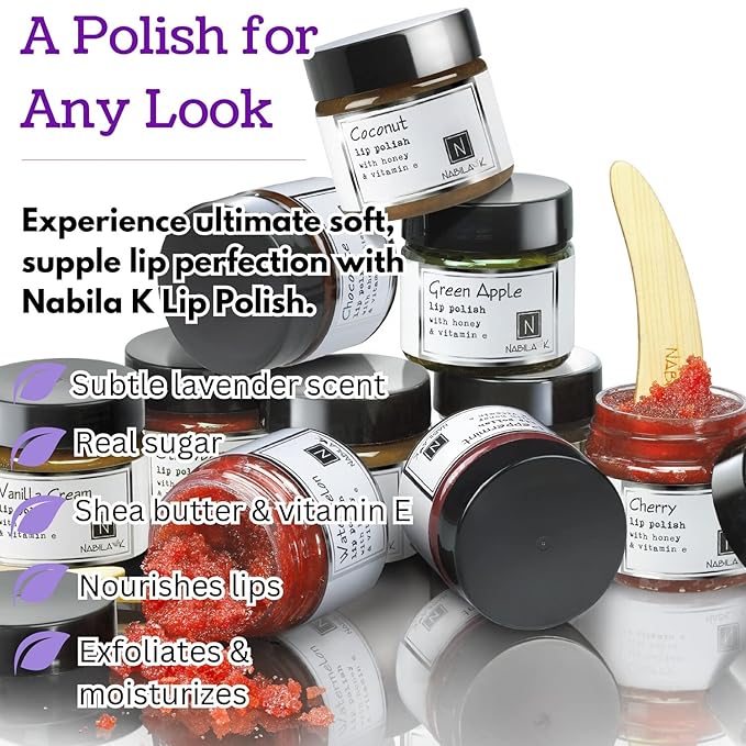 Lavender Lip Polish, 1 oz by Nabila K - Hydrating Lip Exfoliator & Moisturizer with Shea Butter and Vitamin E for Dry and Chapped Lips - Cruelty-Free, Real Sugar, Made in USA