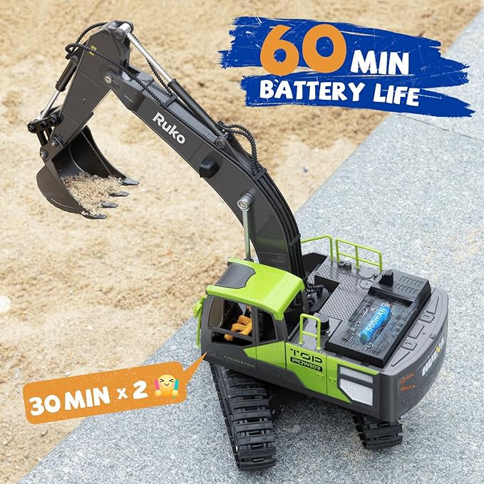 Ruko 1661 Remote Control Excavator Toys for Boys, 2.4Ghz RC Construction Vehicles with Metal Shovel & Simulated Lights Gift for Kids
