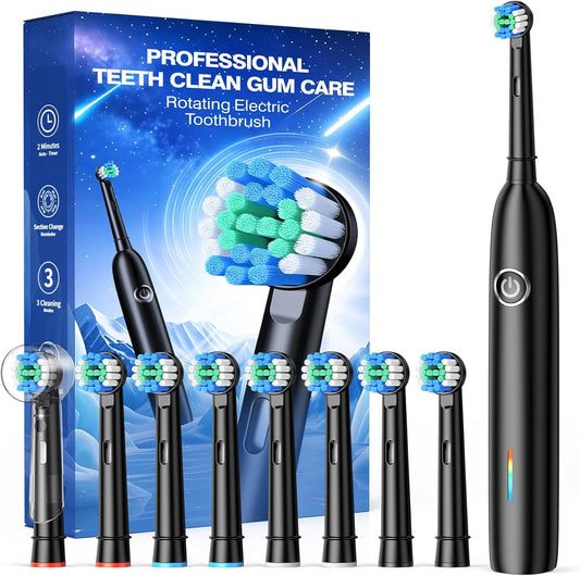 Rotating Electric Toothbrush with 8 Brush Heads for Adults and Kids, 3 Modes Rechargeable Power Toothbrush with 2-Minute Smart Timer, 45-Day Battery Life
