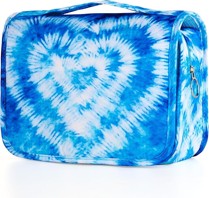 Tie Dye Hanging Toiletry Bag for Girls, Travel Toiletry Bag for Teen Girls Cosmetic Makeup Waterproof Wash Bag Traveling Toiletries, Blue Heart