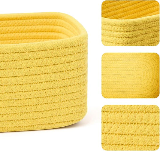 Small Storage Baskets for Organizing | Closet Organizer Bins | Shelf Toy Basket | Woven Rope Baskets | Cube Decorative Box | Shallow Basket | 11.5x7.5x4.7” | 4 Packs Yellow