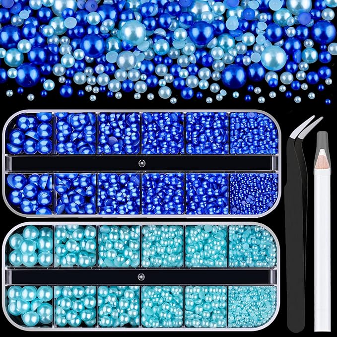 2 Boxes Flat Back Pearls Kit 19 Flatback Blue Series Half Round Pearls 2-8mm with Pickup Pencil and Tweezer for Home DIY and Professional Nail Art, Face Makeup and Craft