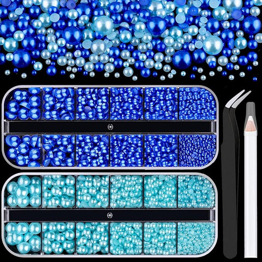2 Boxes Flat Back Pearls Kit 19 Flatback Blue Series Half Round Pearls 2-8mm with Pickup Pencil and Tweezer for Home DIY and Professional Nail Art, Face Makeup and Craft