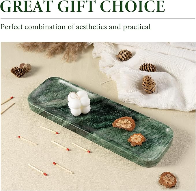 Koville Marble Tray for Bathroom Sink, 12"x4" Natural Stone Vanity Tray for Kitchen Dresser Countertop, Rectangular Decorative Marble Tray for Jewelry Perfume Trinket(Green)