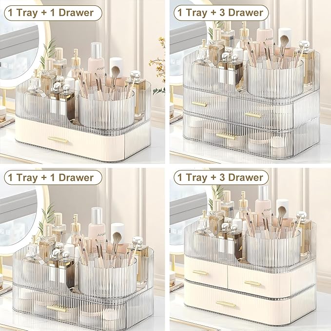 DASITON Makeup Organizer with Drawers and Rotating Makeup Brush Holder,Large Capacity Stackable Cosmetic Organizer Countertop,Bathroom Organizers and Storage,Make up Organizers for Vanity (Cream 02)
