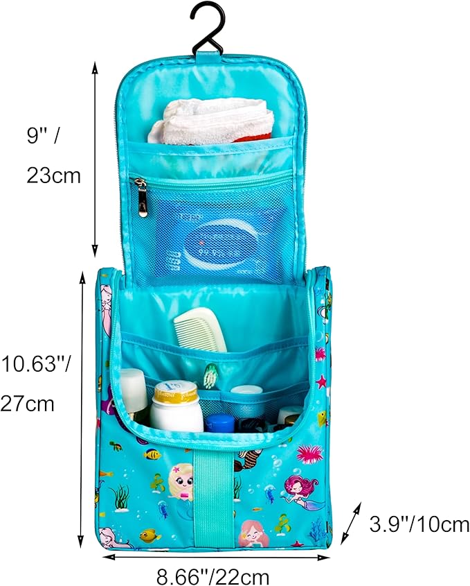 Cute Cartoon Hanging Kids Toiletry Bag Children Travel Cosmetic Makeup Organizer Wash Bag Shower bag Over Night Bag Camping Shaving Kit Bag for Boys & Girls (Mermaid)