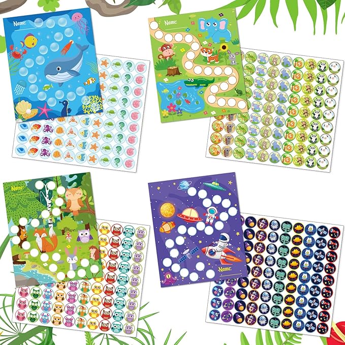 100 Pieces Sticker Charts for Kids Incentives Reward Chart for Kids Behavior in 4 Designs with 2160 Mini Animal Stickers Dry Erase Chore Chart for Classroom Teaching or Home Using