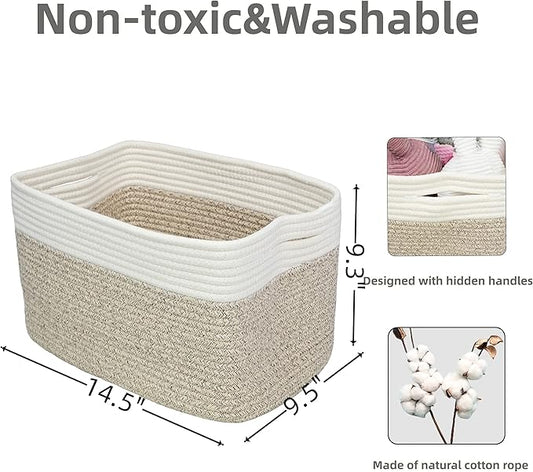 Cotton Rope storage Basket Bins Woven Basket for Organizing Shelves 14.5X9.5X9.3" Rectangle Decorative Baskets For storage Clothes Toys Books Towels Nursery basket organizer 3 pack white and brown