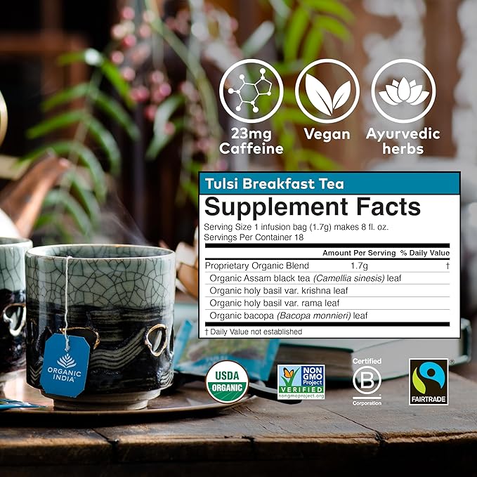 ORGANIC INDIA Tulsi Breakfast Herbal Tea - Black Tea, Holy Basil, Relieve Stress & Energize, USDA Organic, Non-GMO, Caffeinated - 18 Bags, 3 Pack